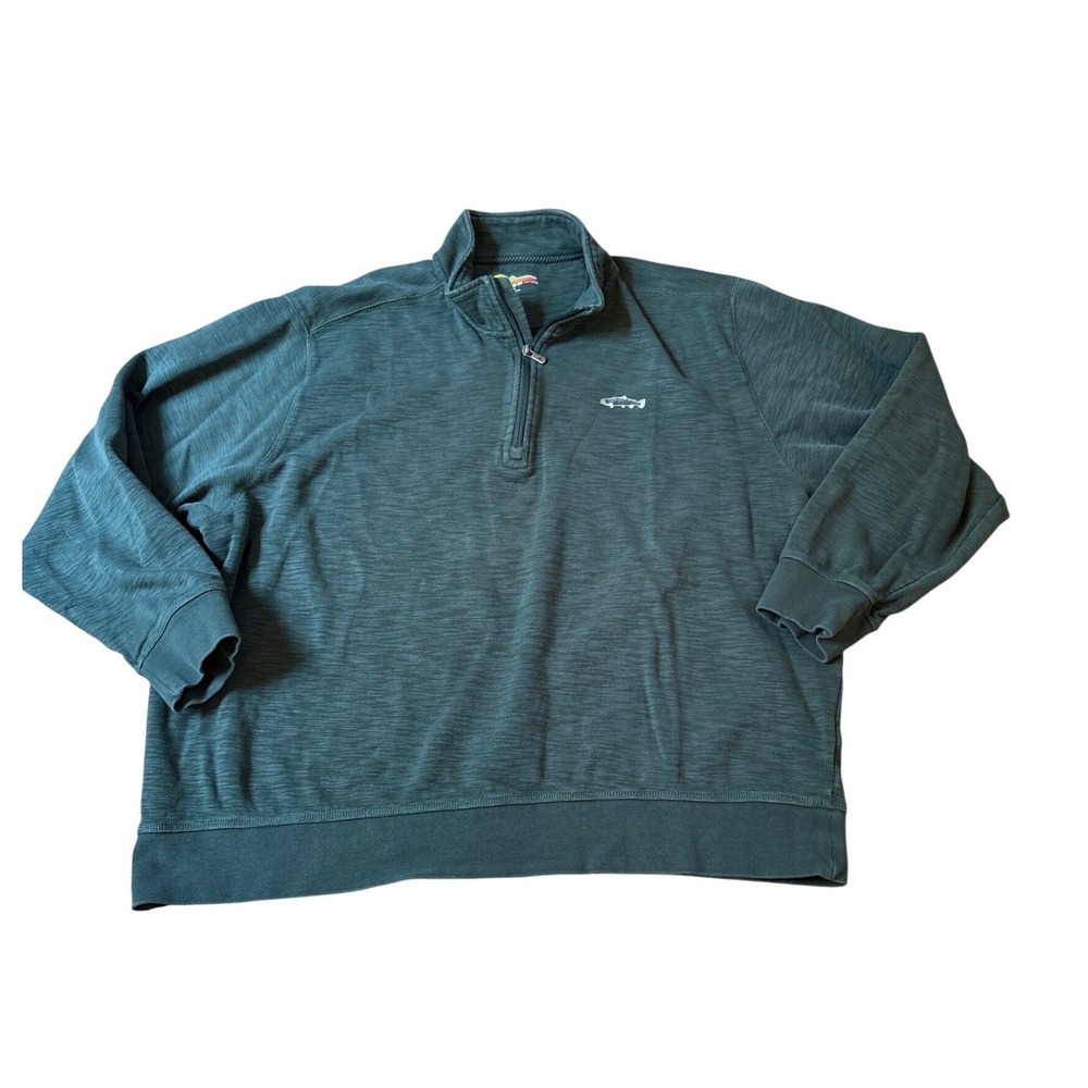Orvis 1/4 Zip Pullover Mens Green Slub Knit Trout Logo Sweater SIZE XXL